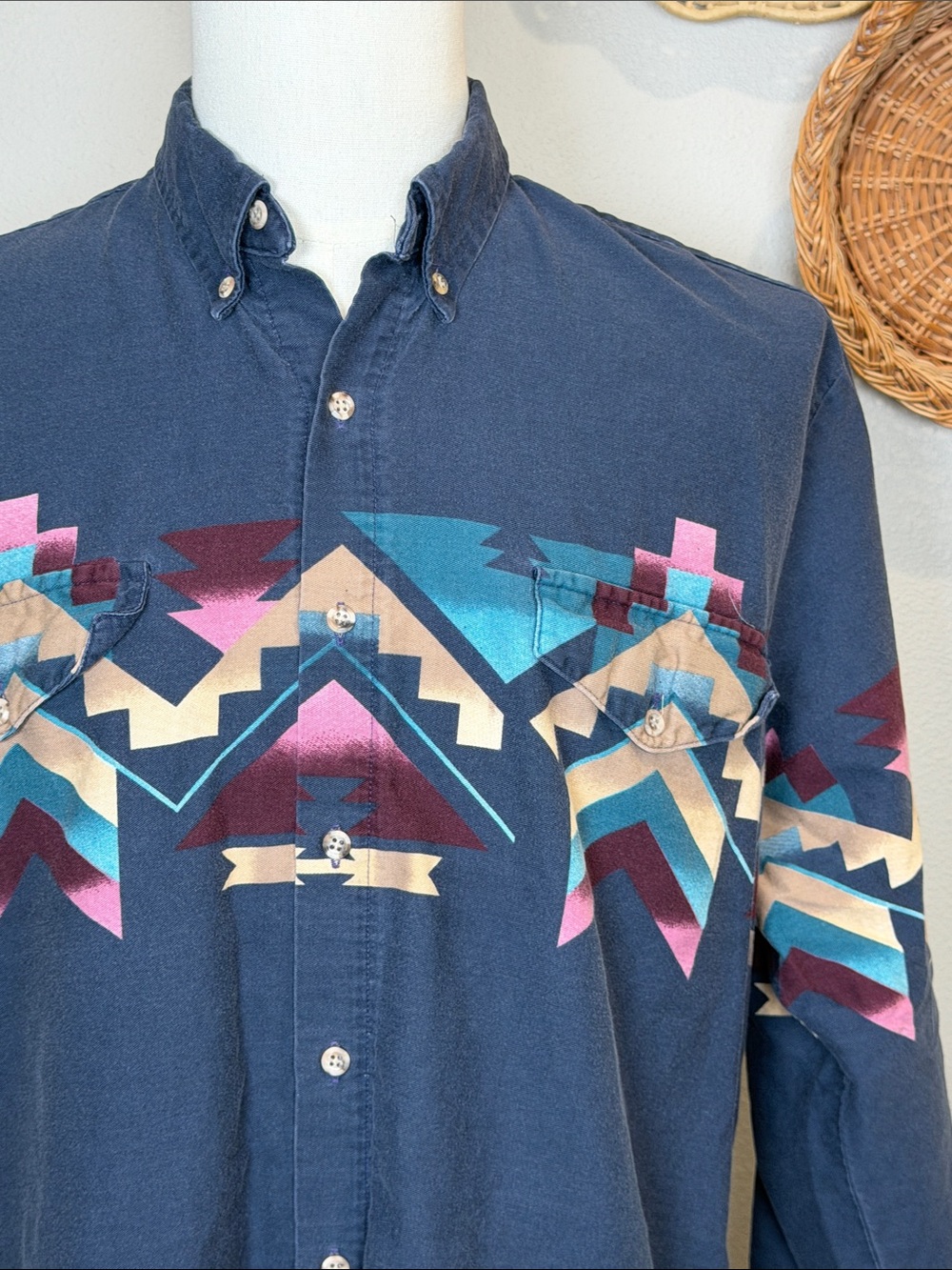 Mens Western Roper Aztec Vintage Button Up Shirt Navy Blue Purple Pink Tan XL